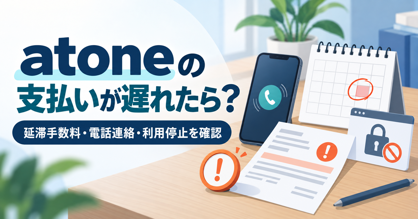 atoneの支払い遅れによる延滞手数料・電話連絡・利用停止を解説するアイキャッチ