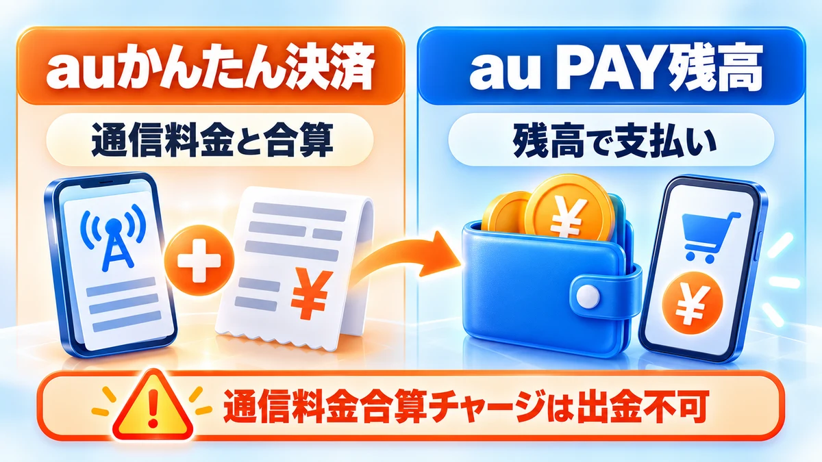 auかんたん決済とau PAY残高の違い、通信料金合算チャージが出金できないことを示す図