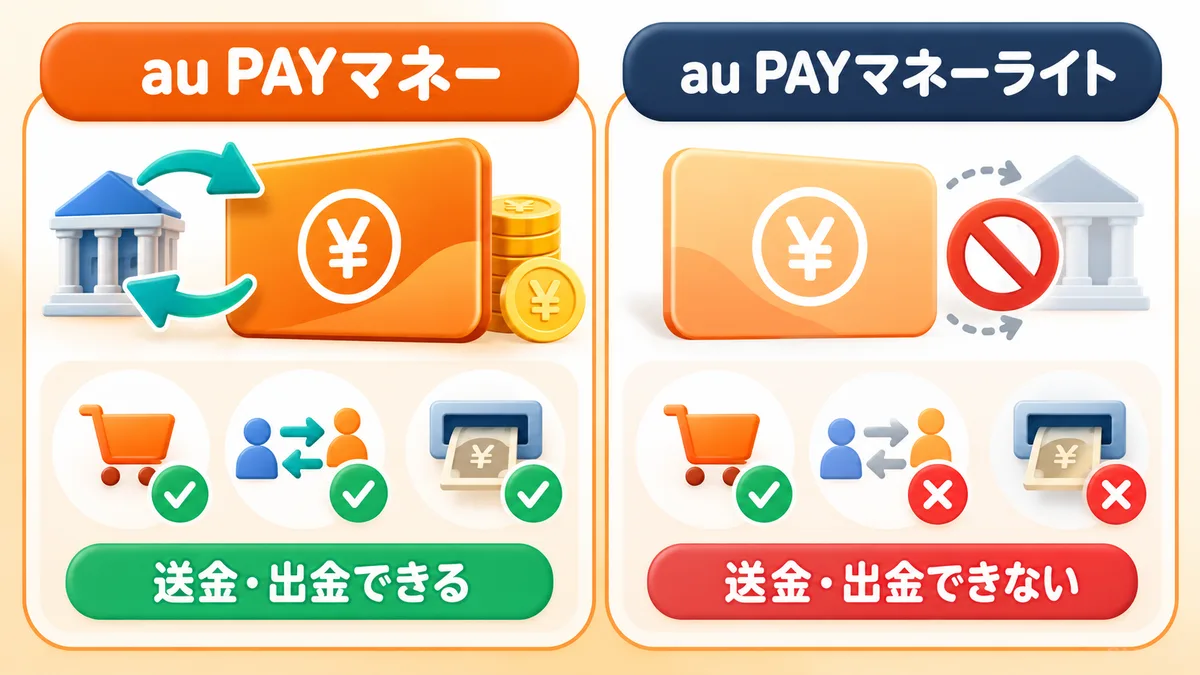 au PAYマネーとマネーライトの送金・出金可否の違い
