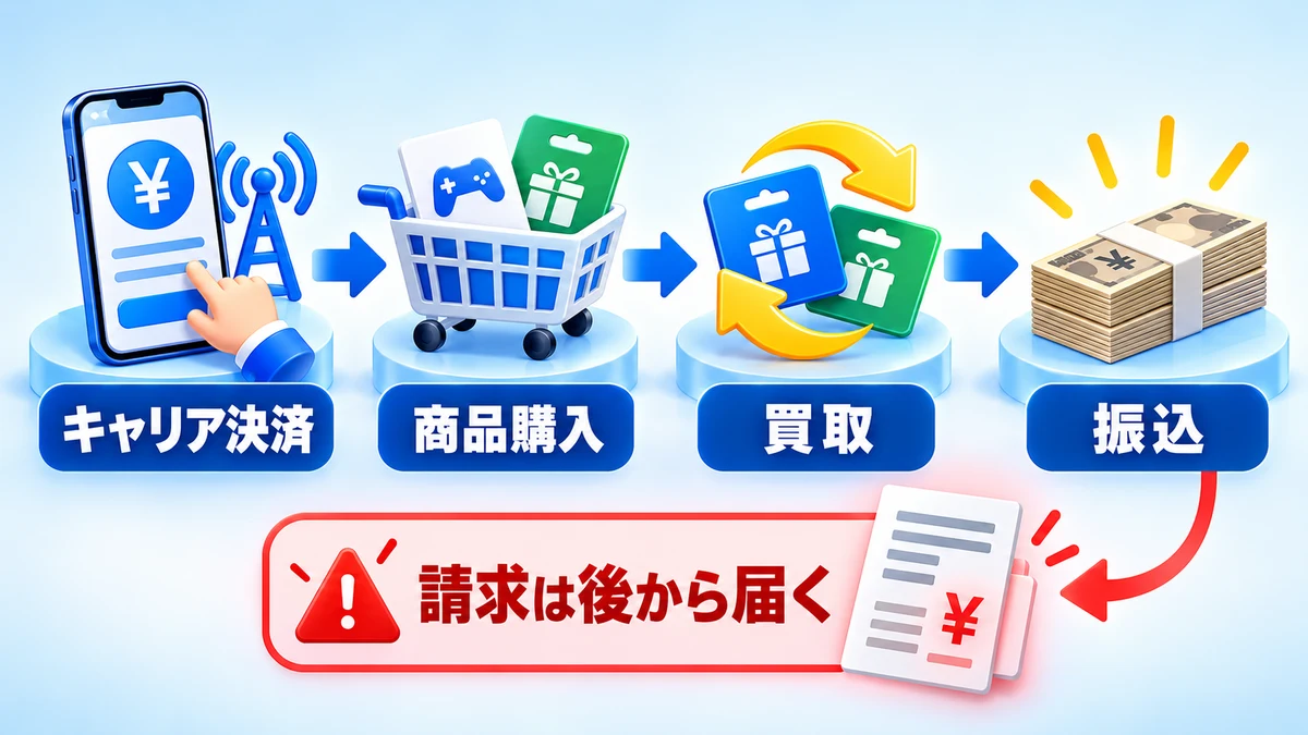 キャリア決済で商品を購入し、買取と振込を経ても後から請求が届く流れ