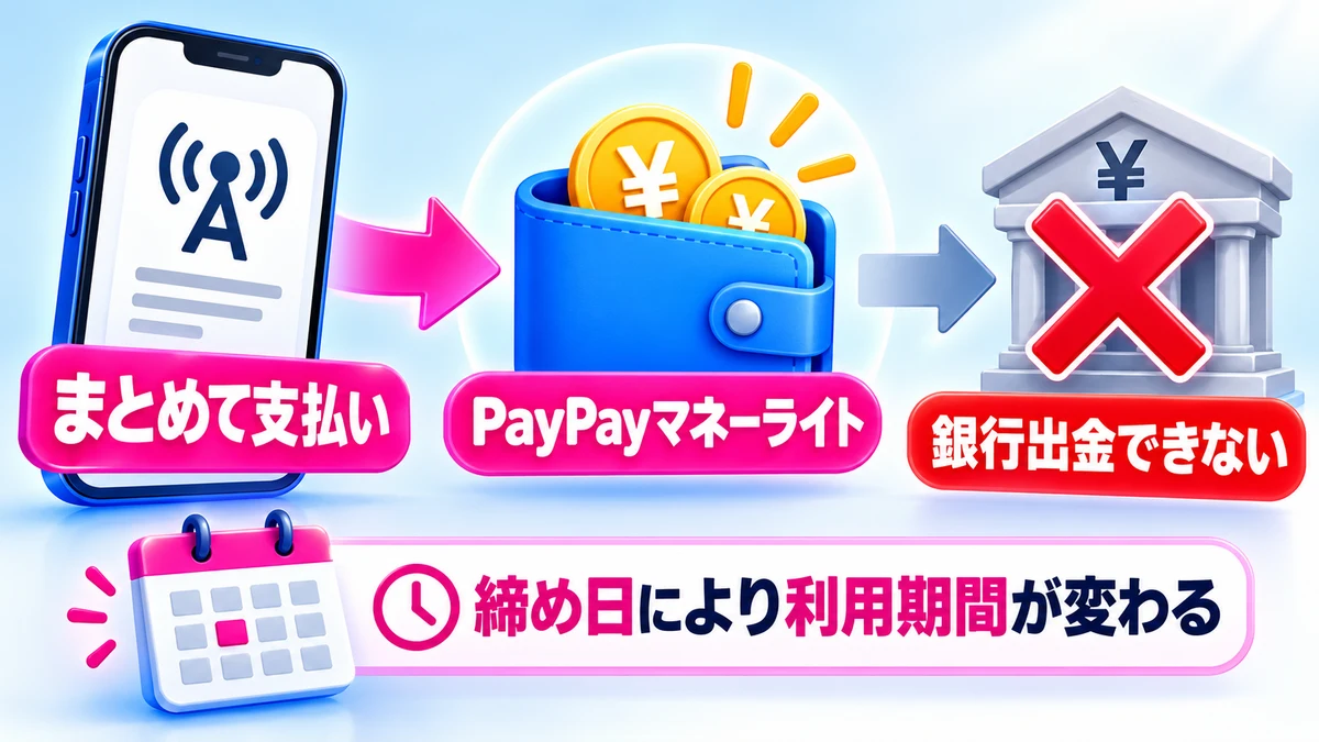 ソフトバンクまとめて支払いからPayPayマネーライトへチャージしても銀行出金できないことを示す図